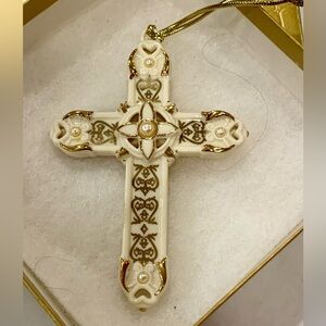 LENOX Elegant Gold & Cream Porcelain Cross with 24K Gold and Pearl Detailing